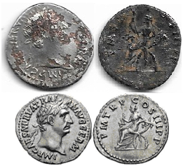 Denario forrado de Trajano. P M TR P COS III P P. Abundancia sentada a izq. Roma. 1