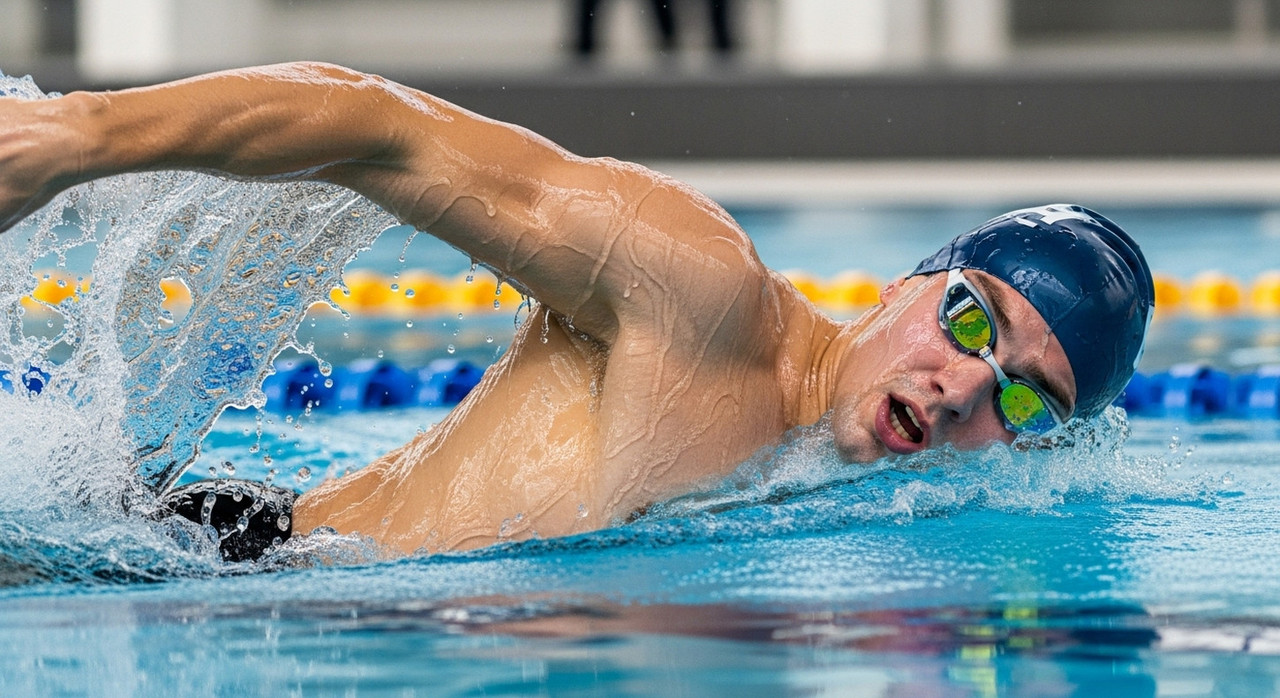 Пловец в защитных очках во время активной тренировки в бассейне