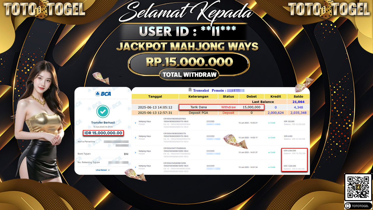 Bukti Pembayaran Jackpot Permainan Slot Mahjong Ways ID:**I1*** LUNAS
