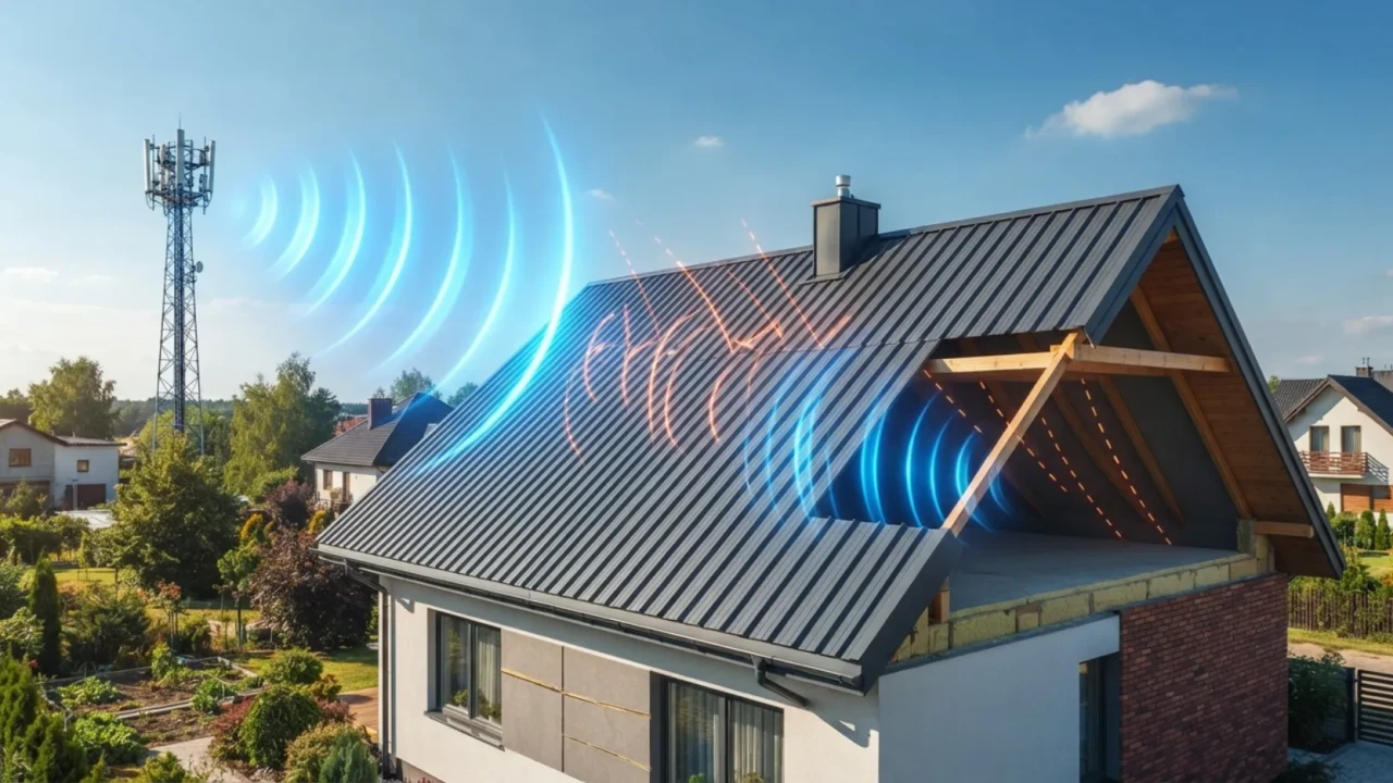 RF signal attenuation diagram showing how metal roof blocks cell signals