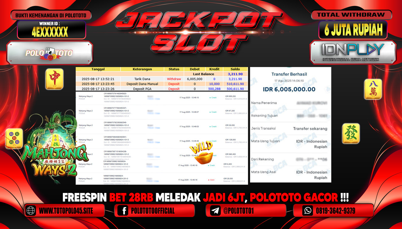 POLOTOTO JACKPOT SLOT MAHJONG WAYS 2 Rp.6.000.000,- LUNAS