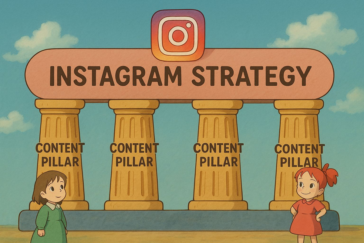 Instagram strategy temple with four content pillar columns