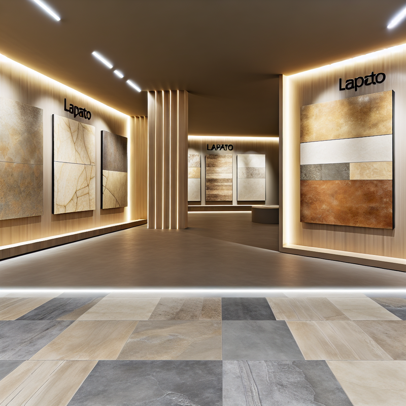 Lapato finish porcelain stoneware tiles in modern showroom, large formats, neutral colors, matte and polished, wood and marble texture
