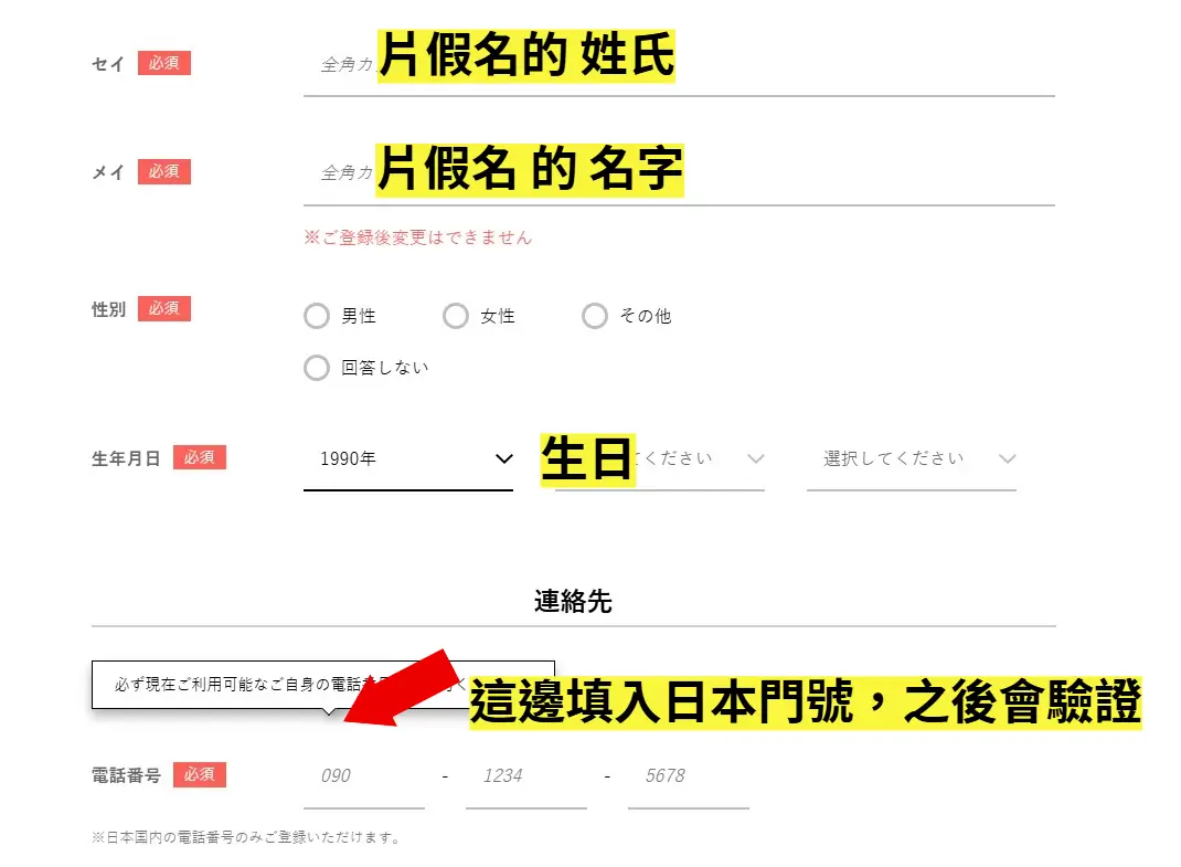 Ticket PIA 姓名片假名輸入欄位