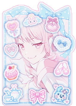 Mizuki in a blue photocard with a ribbon ontop. This photocard is decorated with stickers that appear to be a heart gem, an angel bunny, a heart lollipop, a heart with a bow on it, a cupcake, a teacup and a teapot, a pink bow, a blue bunny, ballet slippers, and a heart with frills on the end and a bow on top.