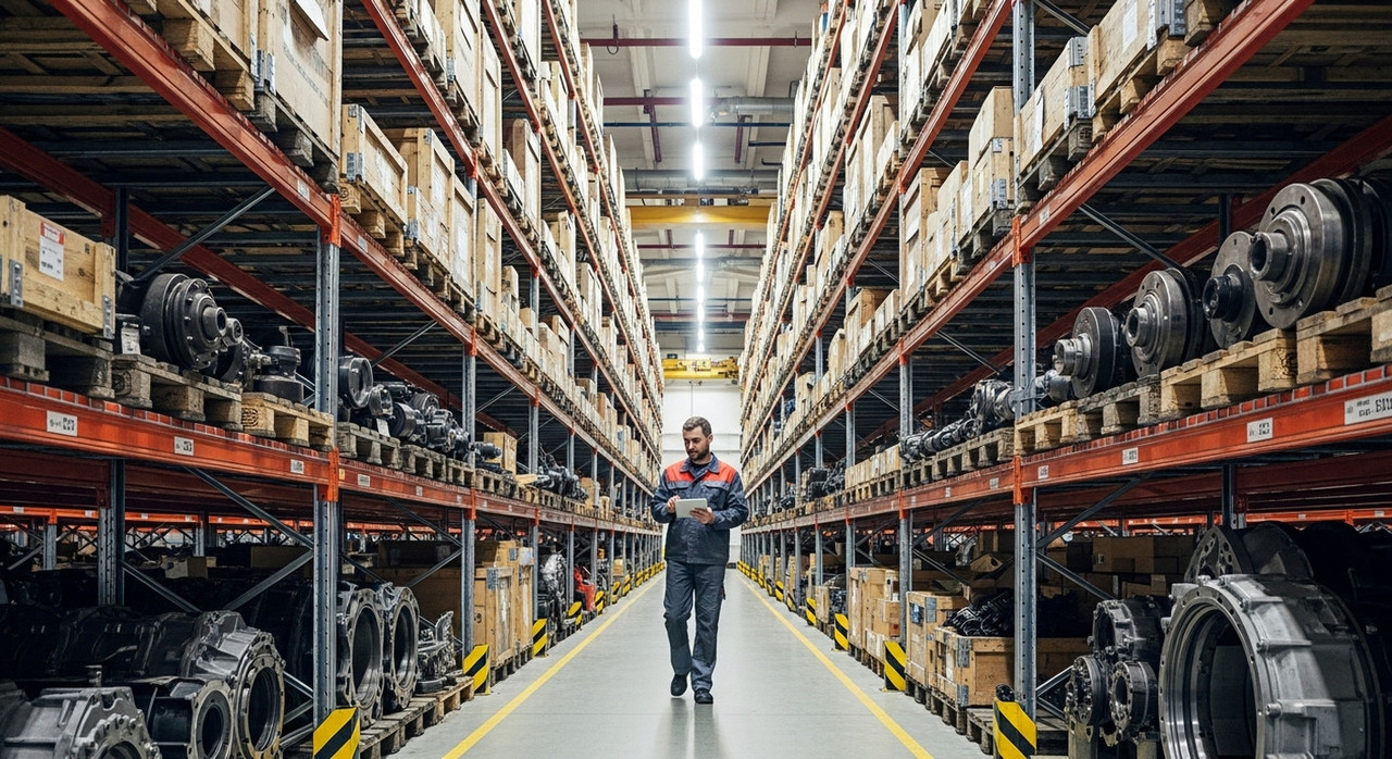 Сотрудник склада проверяет наличие запчастей для спецтехники