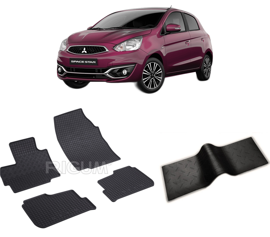 Set covorase auto MITSUBISHI SPACE STAR din 12.2019-PREZENT, cu covoras tunel median, CAROSERIE HATCHBACK, Presuri cauciuc 100%, compatibil cu autoturismul MITSUBISHI SPACE STAR, Rigum