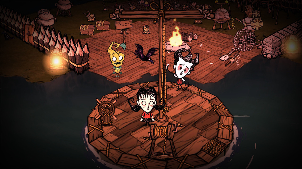 Персонажи Don't Starve Together у костра ночью