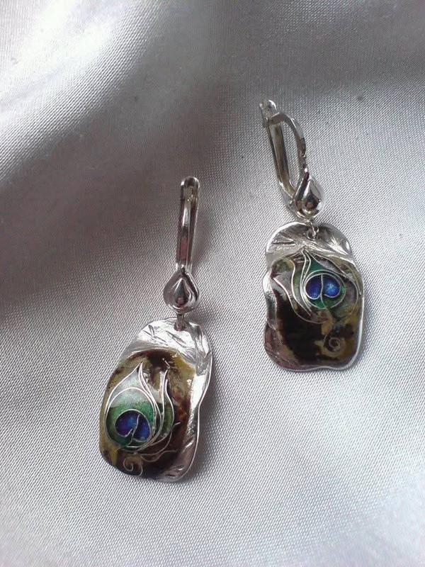 Minankari Earrings Feather, Handmade Sterling Silver, Jewelry from Tbilisi - handmade cloisonne enamel