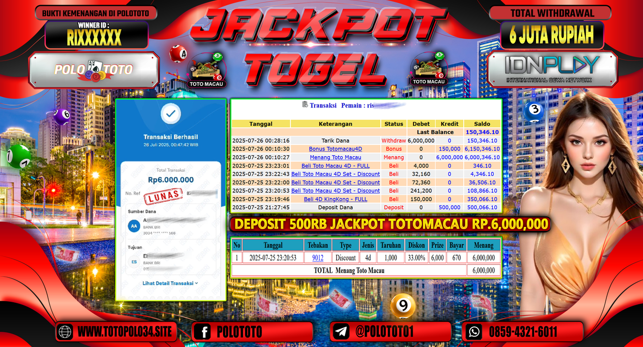POLOTOTO JACKPOT TOGEL TOTO MACAU Rp.6.000.000,- LUNAS