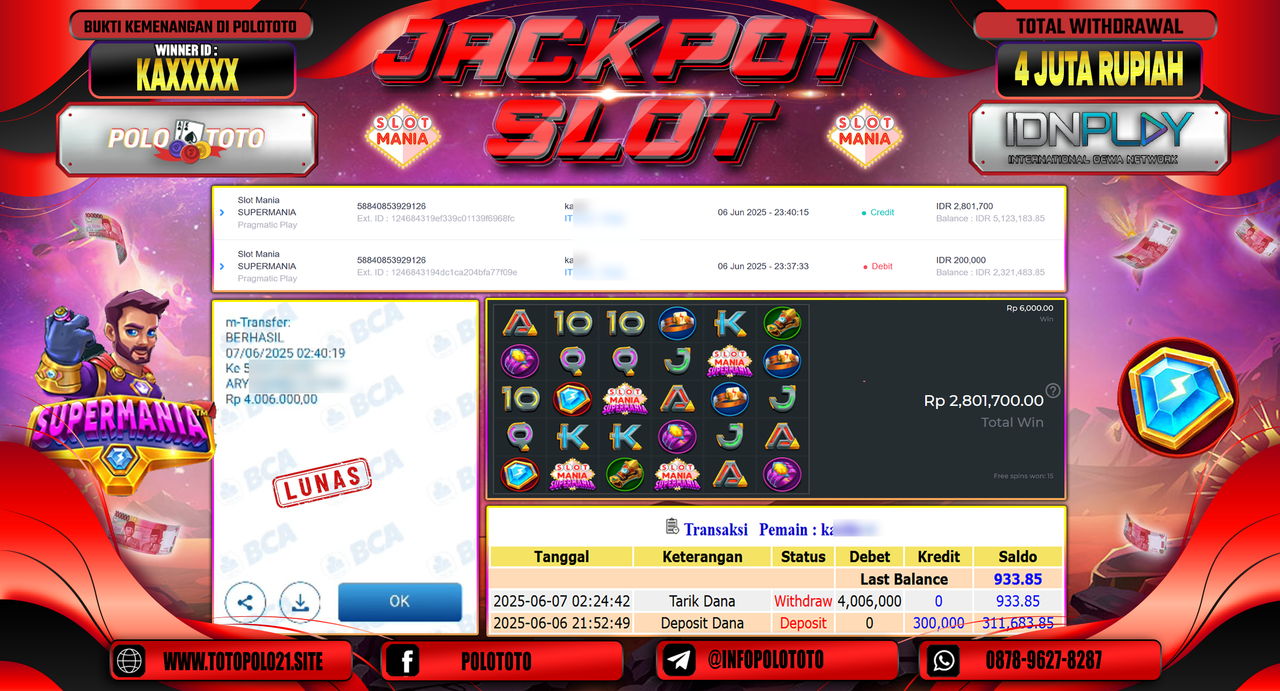 POLOTOTO JACKPOT SLOT MANIA SUPERMANIA Rp.4.006.000,-