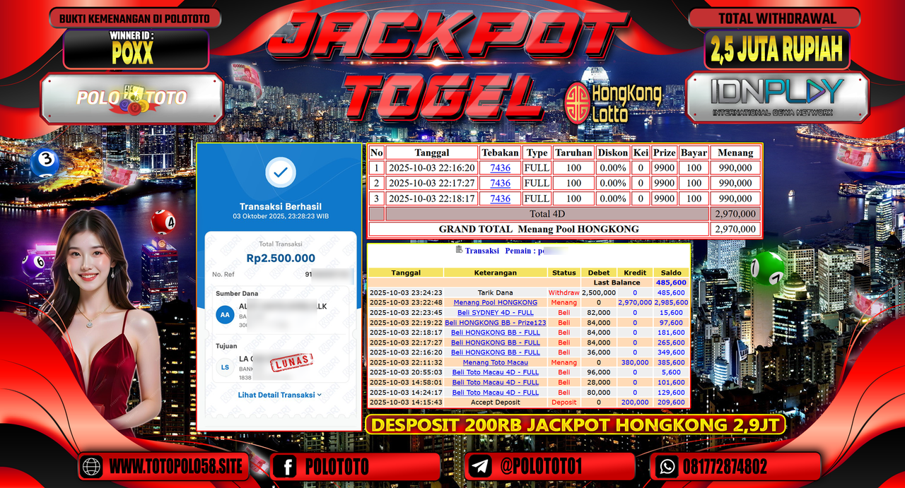 POLOTOTO JACKPOT TOGEL HONGKONG LOTTO Rp.2.500.000,- LUNAS