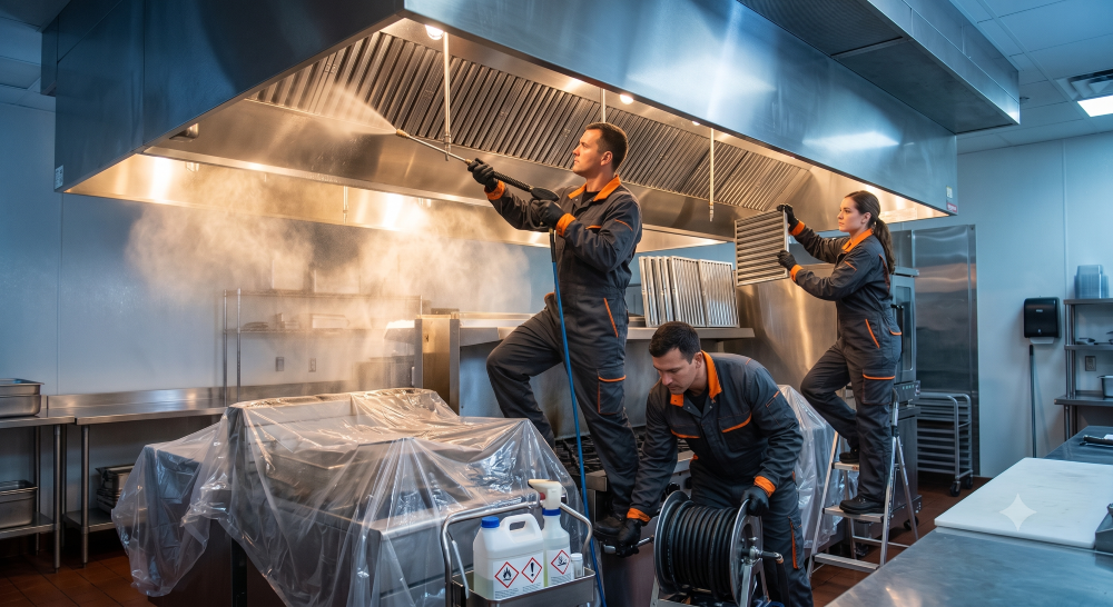 Cornerstone technician cleaning a commercial kitchen hood vent