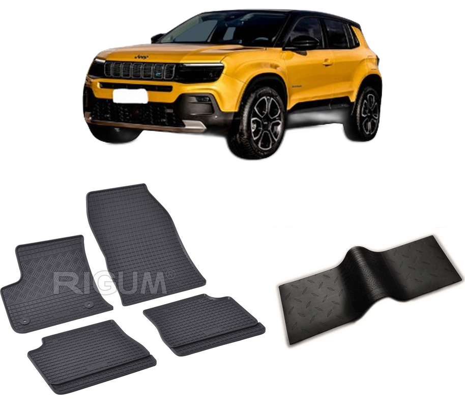 Set covorase auto JEEP AVENGER EV din 2023-PREZENT, cu covoras tunel median, CAROSERIE SUV, Presuri cauciuc 100%, compatibil cu autoturismul JEEP AVENGER EV, Rigum