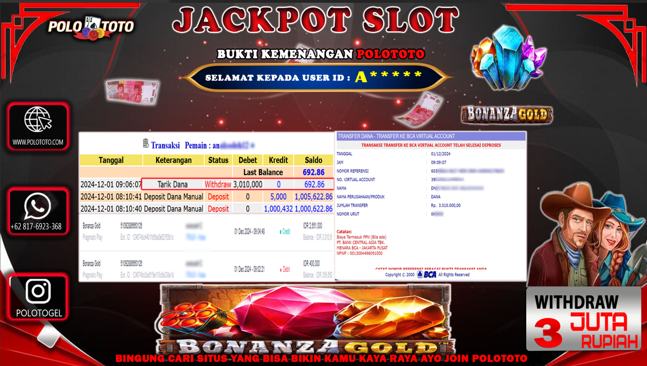 POLOTOTO JACKPOT SLOT BONANZA GOLD Rp.3,010.000,-