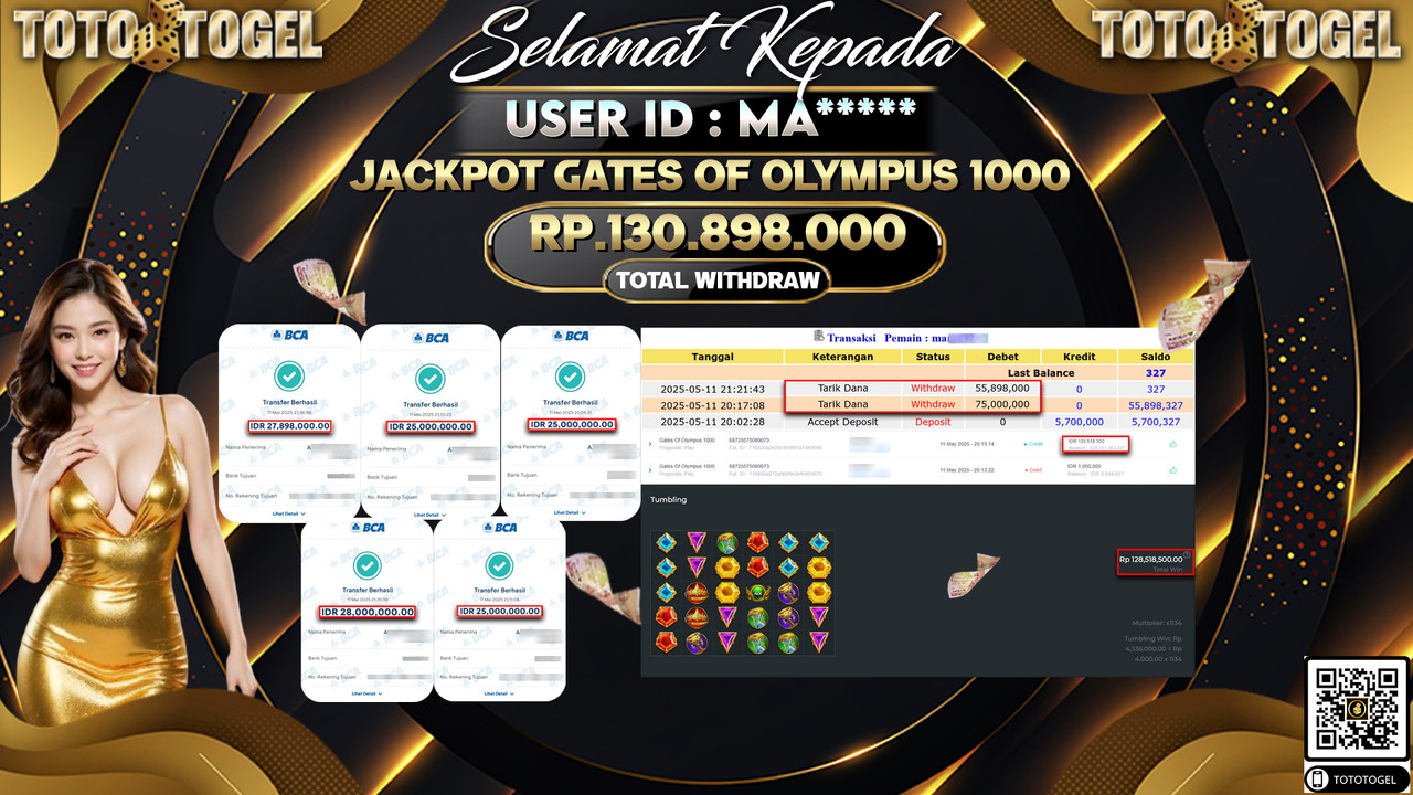 Bukti Pembayaran Jackpot  Permainan Slot Gates Of Olympus 1000 ID:MA***** LUNAS