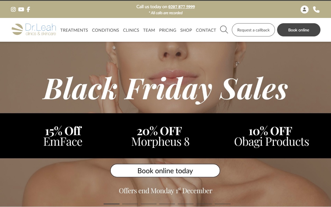 Dr leah clinics black friday deals with EMFACE and Morpheus8 offers.