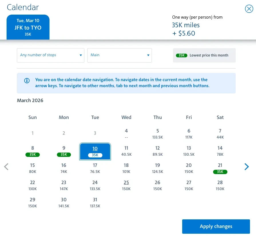 AA.com Award Calendar View