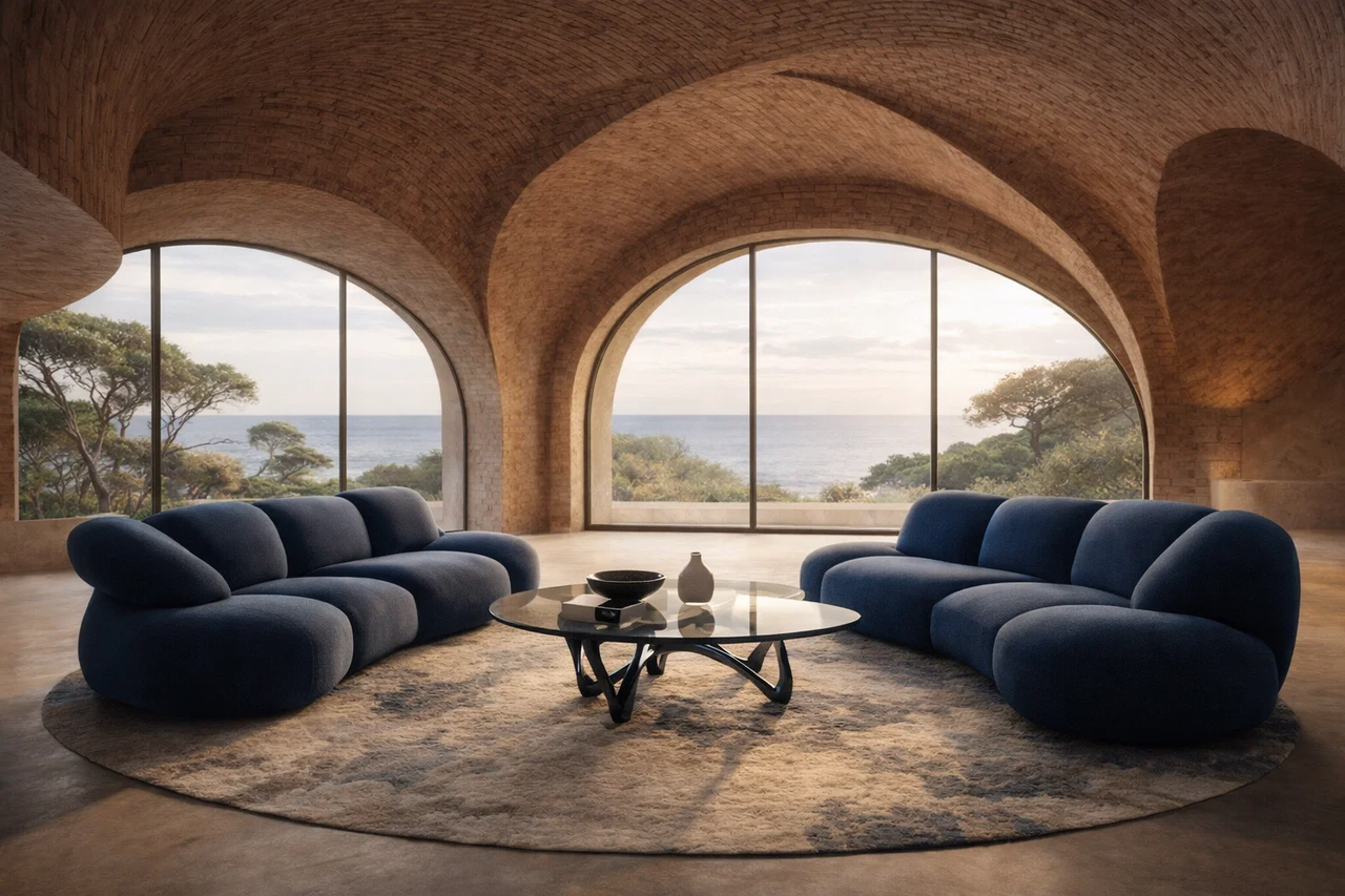 Atmospheric living room under a brick vault with sea view.