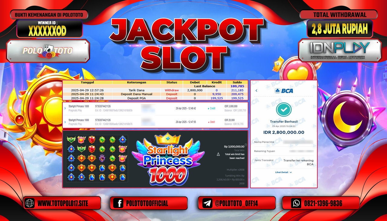 POLOTOTO JACKPOT SLOT STARLIGHT PRINCESS 1000 Rp.2.800.000,-