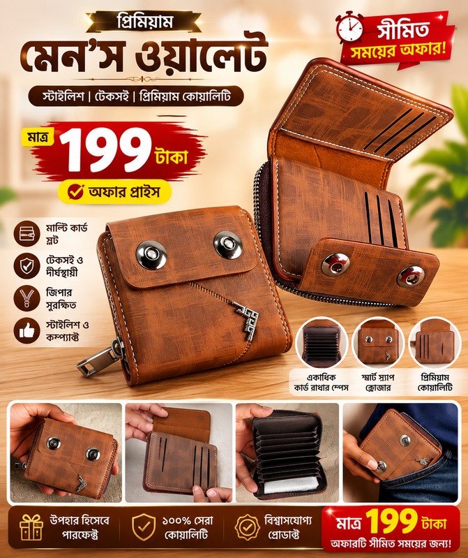 প্রিমিয়াম মাল্টিফাংশনাল মেন’স ওয়ালেট — মাত্র ১৯৯ টাকা!