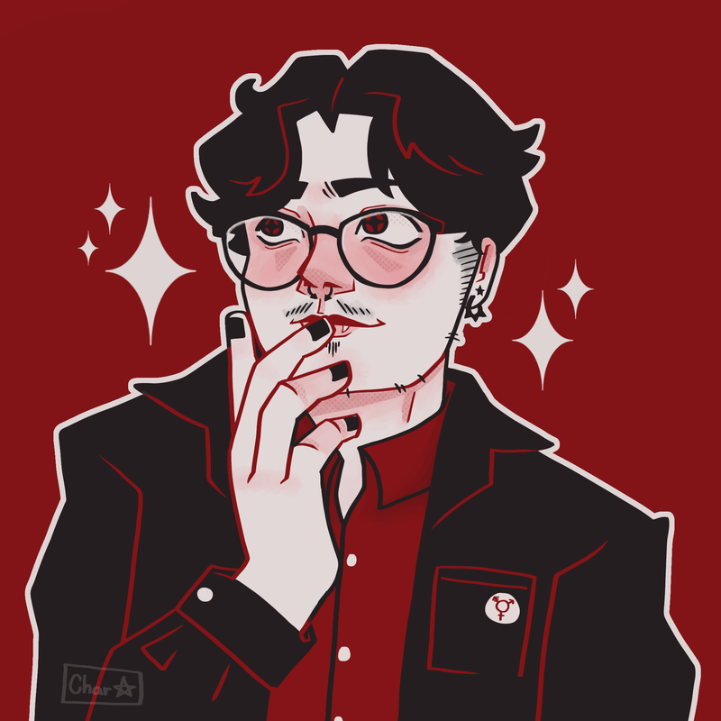 A digital drawing of the Webmaster in a black, white, and red color palette. He looks off to the side and presses his hand to his face. It is the same image in the banner.