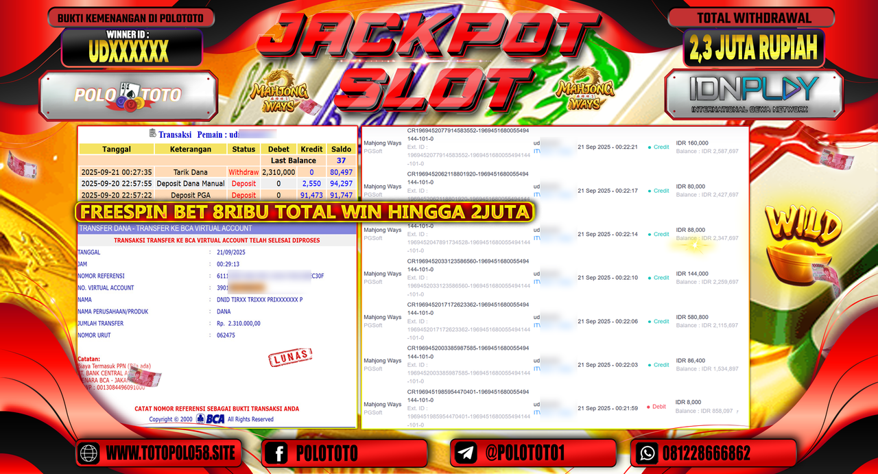 POLOTOTO JACKPOT SLOT MAHJONG WAYS Rp.2.310.000,-