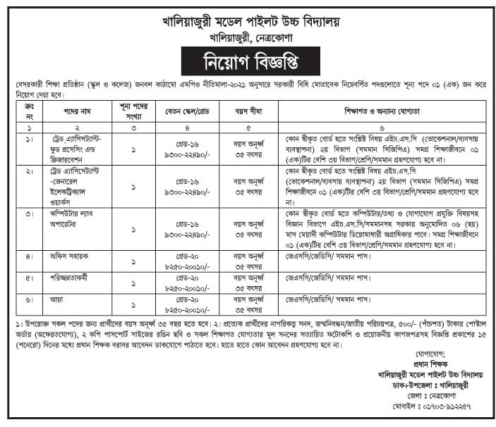 Khalijuri Model Pilot High School Job Circular 2022