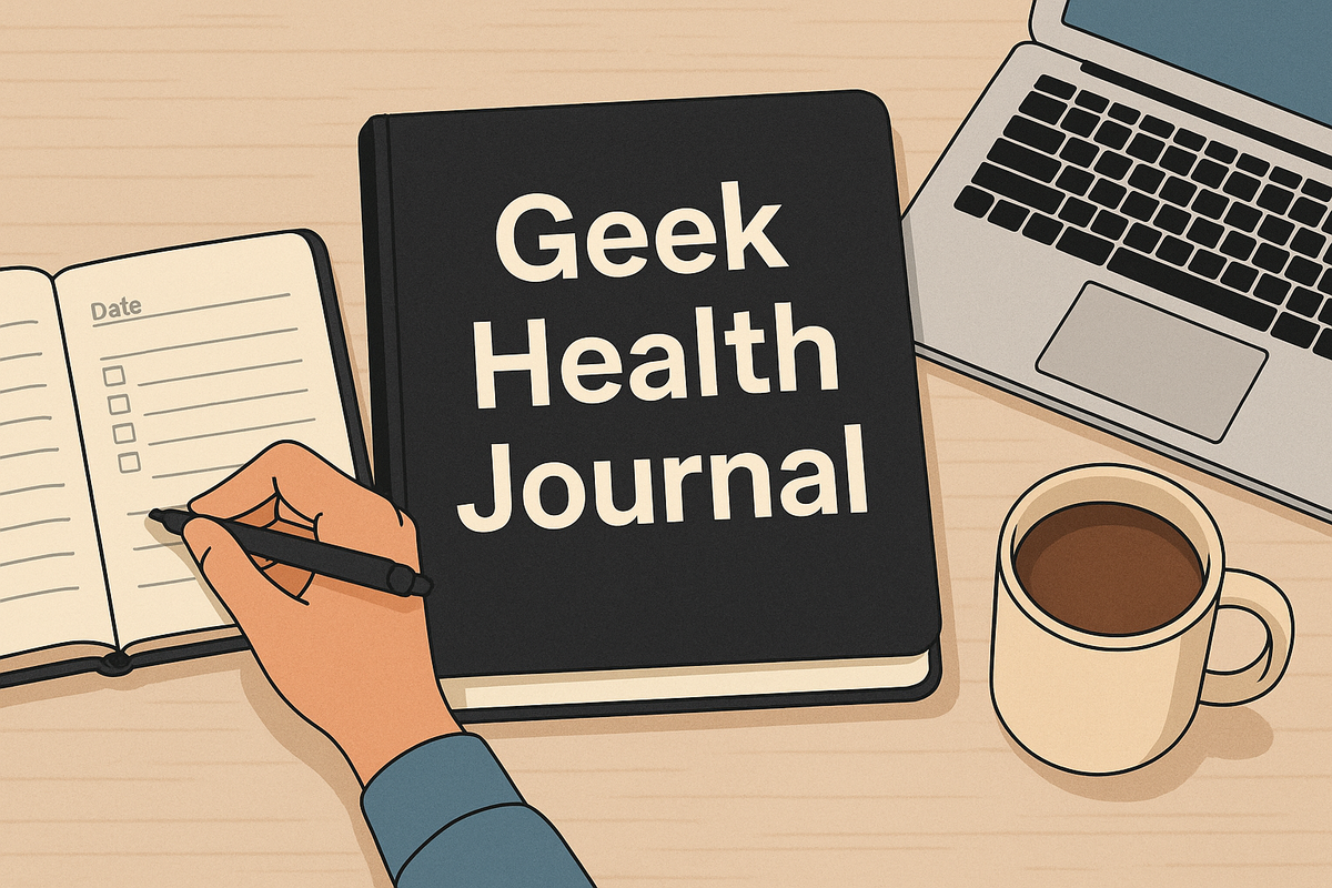 Geek Health Journal feature image: notebook, laptop, and coffee on desk