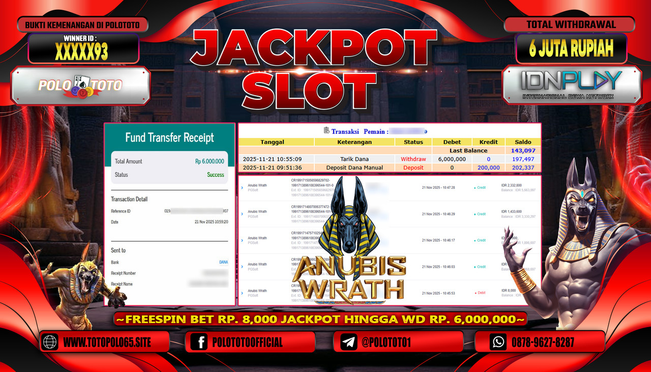 POLOTOTO JACKPOT SLOT ANUBIS WRATH Rp.6.000.000,- LUNAS