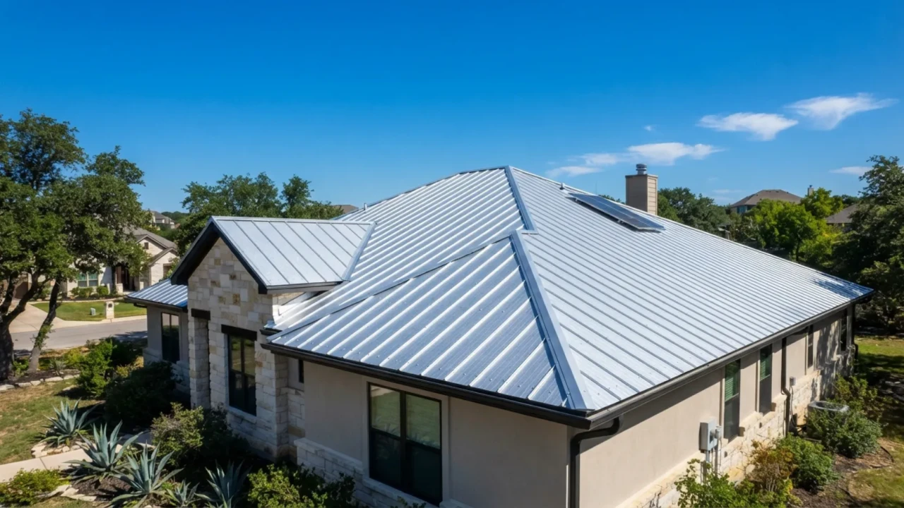 Metal roof on a San Antonio home after a hail storm with clear sky visible, showing no damage