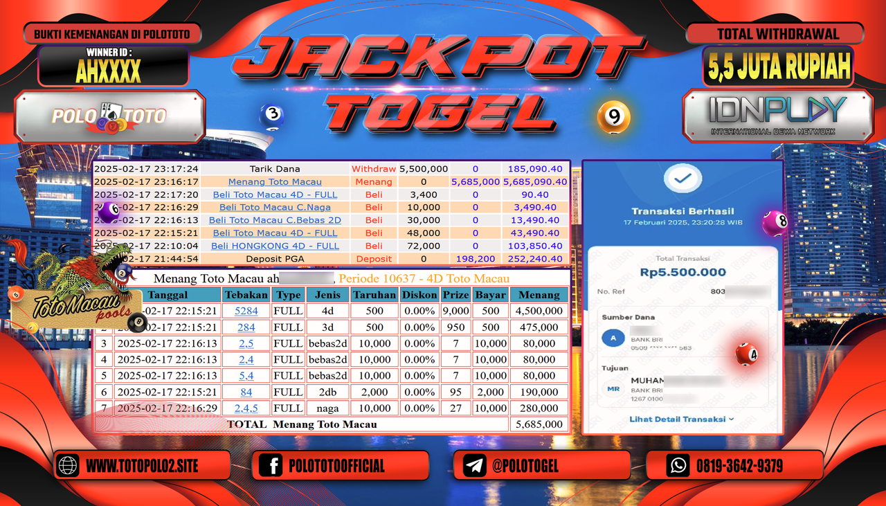 POLOTOTO JACKPOT TOGEL TOTO MACAU Rp.5.500.000,-
