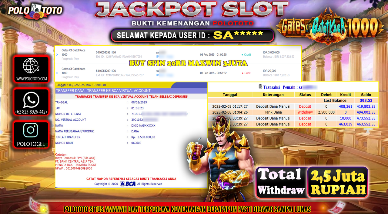 POLOTOTO JACKPOT SLOT GATES OF GATOT KACA 1000 Rp.2,500.000,-