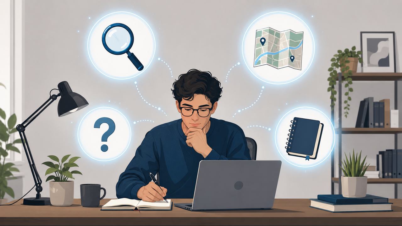 A writer using AI alongside maps, notes, and source materials while keeping evidence and judgment central