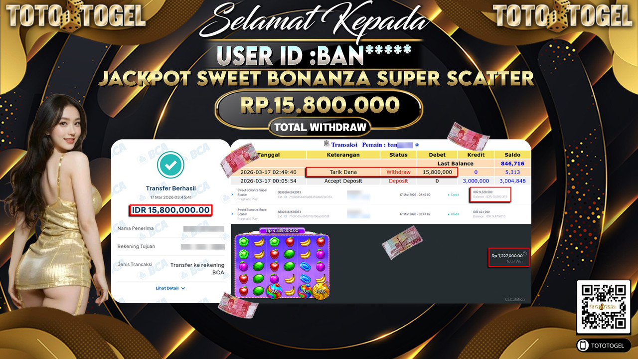 Bukti Pembayaran Jackpot Permainan Slot Sweet Bonanza Super Scatter ID:BAN*****LUNAS