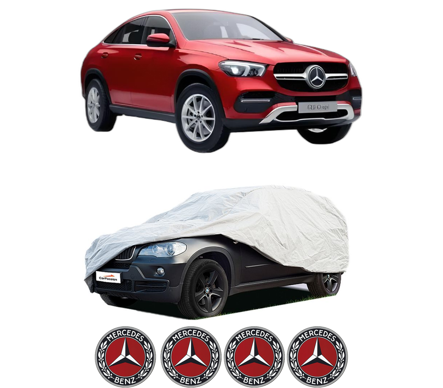Husa tip prelata auto pentru MERCEDES-BENZ GLE Coupe (C167) din 2019-2023, Culoare Gri, material textil impermeabil, rezistanta la intemperii praf UV, CARPASSION Husa Protectie, 4 Stickere auto cu MERCEDES-BENZ