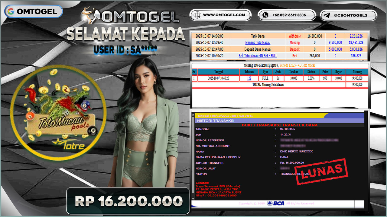 OMTOGEL JACKPOT TOTO MACAU 3D 16 JUTA DI BAYAR LUNAS ,-