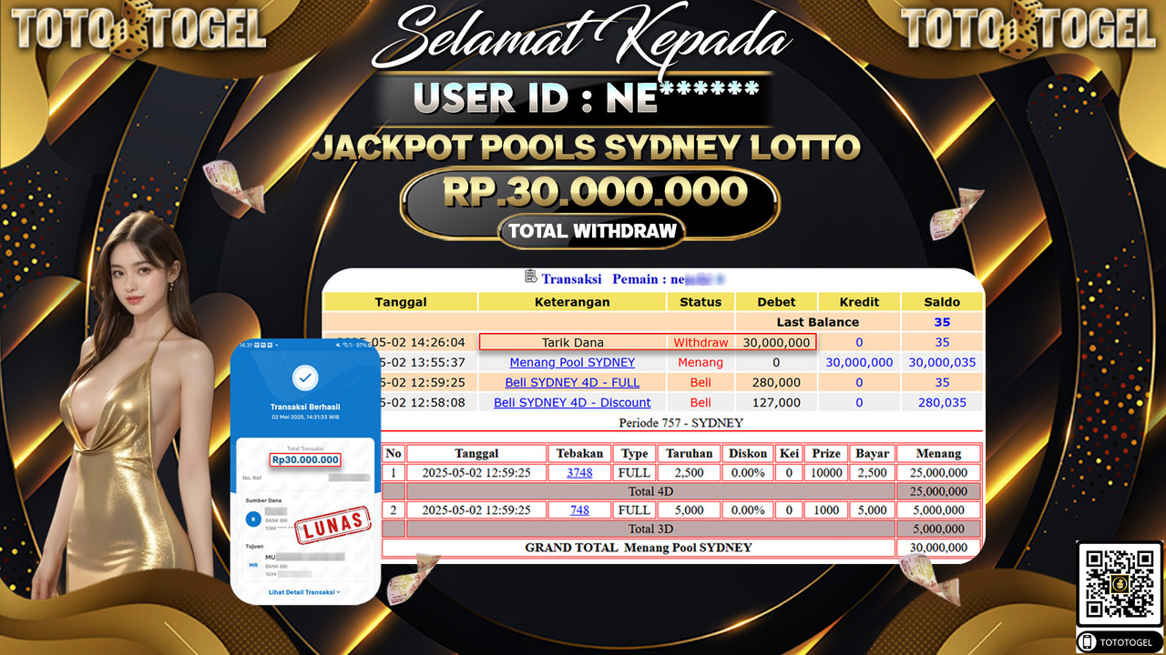 Bukti Pembayaran Jackpot  Permainan Togel Pool Sydney Lotto ID:NE***** LUNAS
