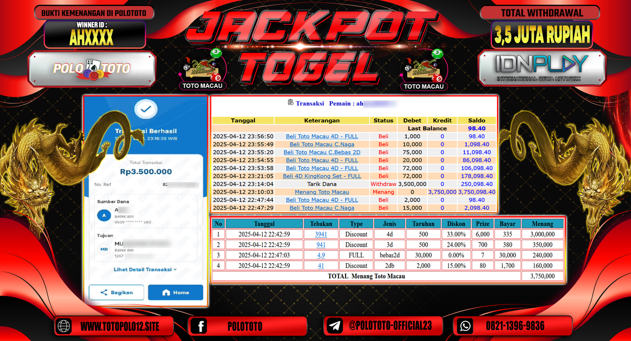 POLOTOTO JACKPOT TOGEL TOTO MACAU 4D  Rp.3.500.000,- LUNAS