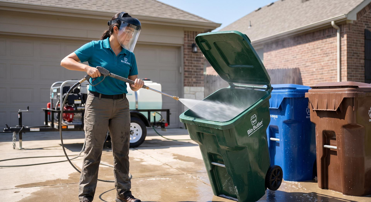 High pressure washing of trash bins