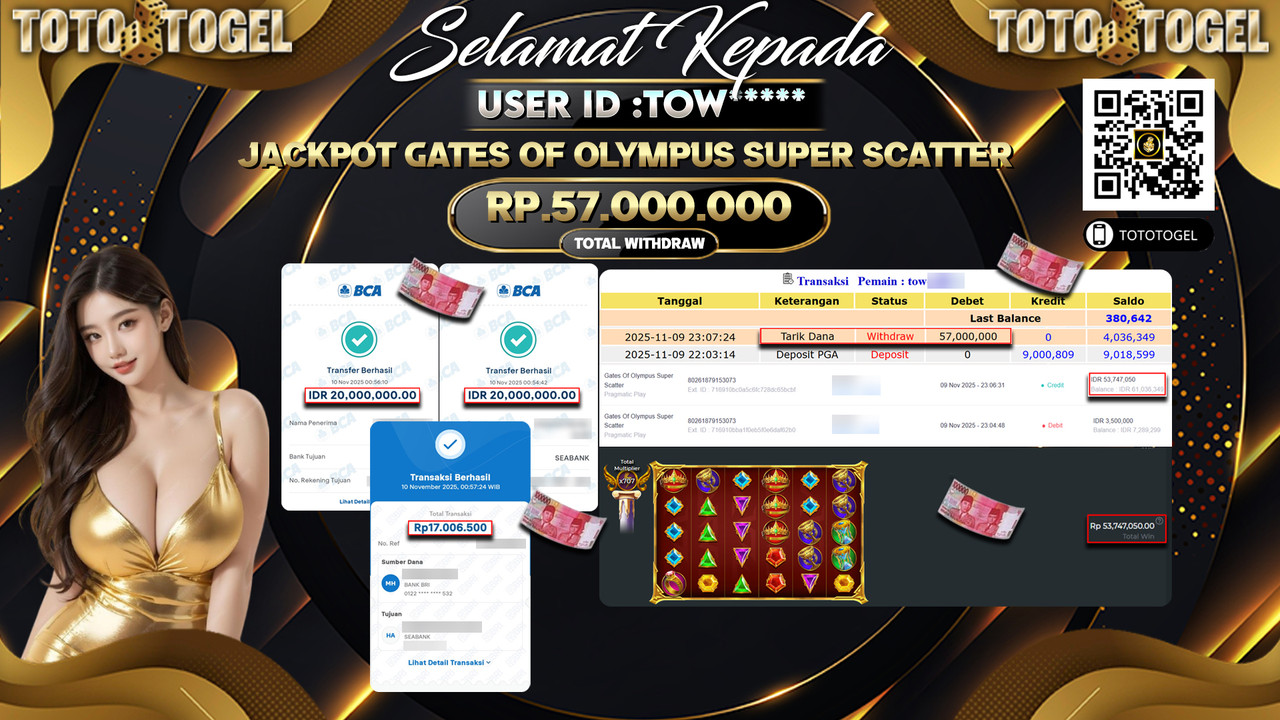 Bukti Pembayaran Jackpot Permainan Slot Gates Of Olympus Super Scatter ID:TOW**** LUNAS