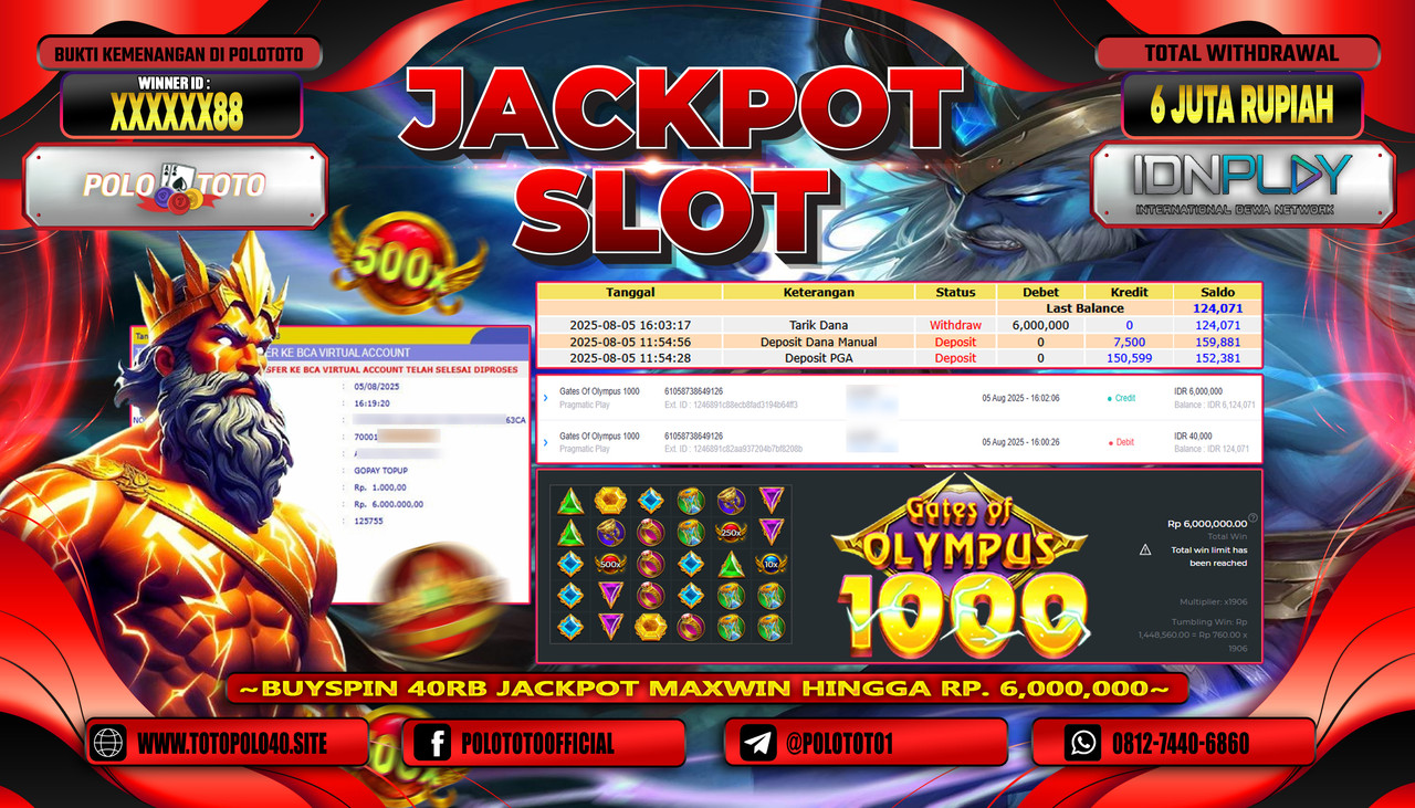 POLOTOTO JACKPOT SLOT GATES OF OLYMPUS 1000 Rp.6.000.000,-LUNAS