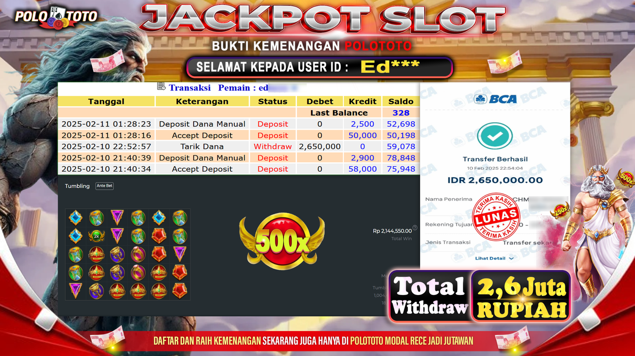 POLOTOTO JACKPOT SLOT GATES OF OLYMPUS  Rp.2.650.000,-