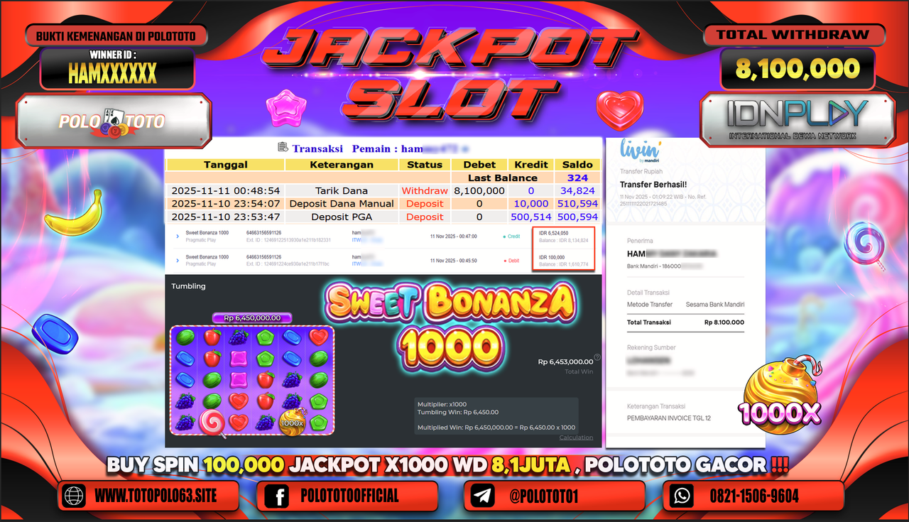 POLOTOTO JACKPOT SLOT SWEET BONANZA 1000 Rp.8.100.000,- LUNAS