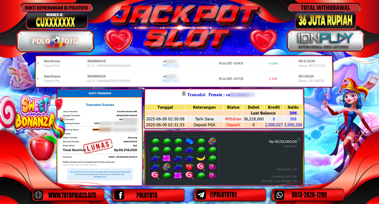 POLOTOTO JACKPOT SLOT SWEET BONANZA Rp.36.218.000,-