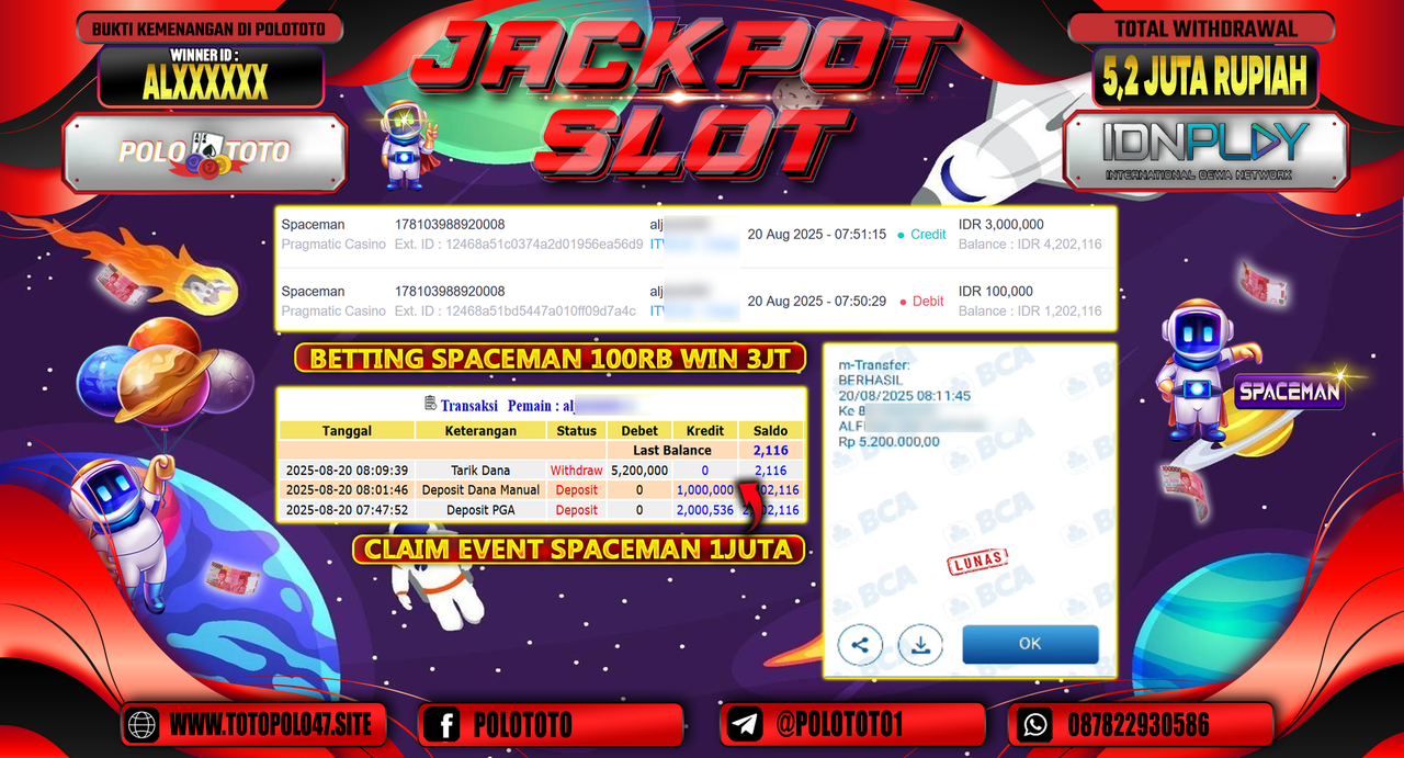 POLOTOTO JACKPOT SLOT SPACEMAN Rp.5.200.000,-