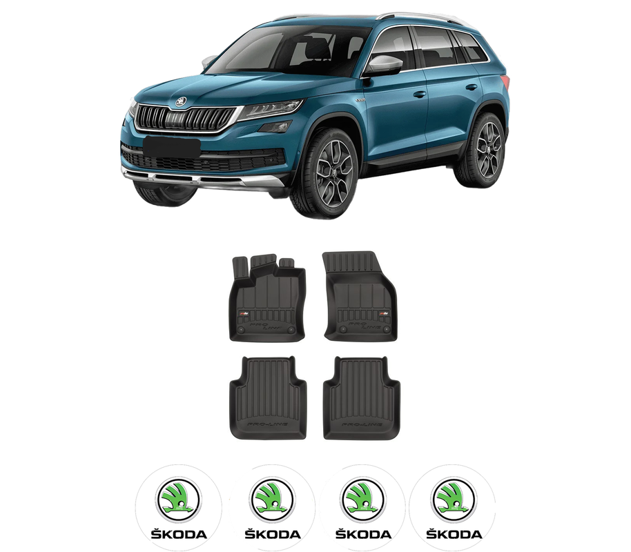 Set covorase presuri SKODA KODIAQ I (NS6, NS7, NV7) din 2016-2021, auto, din cauciuc thermoplastic, 4 Stickere auto cu SKODA