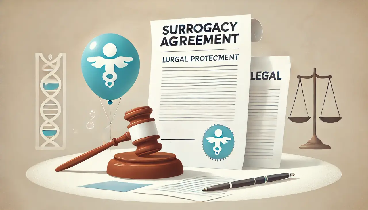 Illustration of a surrogacy agreement with a gavel beside it, representing legal costs and protections in U.S. surrogacy.