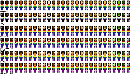 a row of people with pride flag shirts and black hair