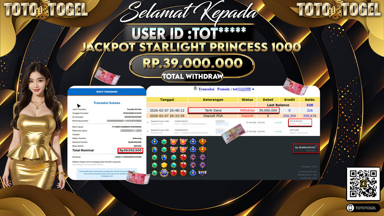 Bukti Pembayaran Jackpot Permainan Slot Starlight Princess 1000 ID:TOT*****LUNAS